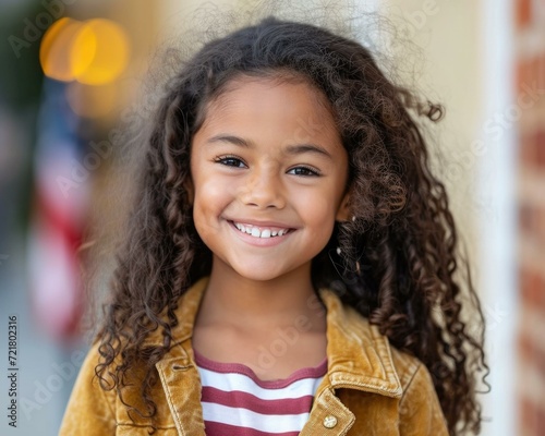 A little girl with curly hair smiling. Generative AI.