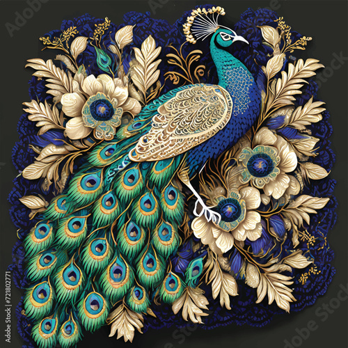 Ornamental beautiful textured peacock. Ethnic style colorful bright peacock bird. Vector ornate black background illustration with multicolor exotic royal peacock bird. Paisley style patterned tail.