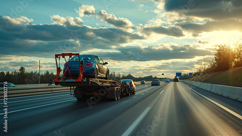 Tow truck transporting a broken car on the highway, embodying a car service transportation concept