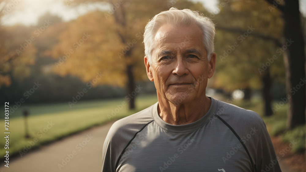 Senior man going for a run and living a healthy lifestyle for longevity,isolated on blur background. Nature,health.