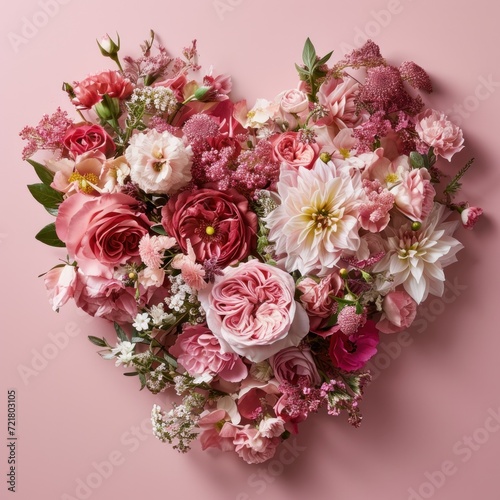 An elegant and sophisticated heart-shaped floral arrangement with various shades of pink set against a soft pink backdrop © Glittering Humanity