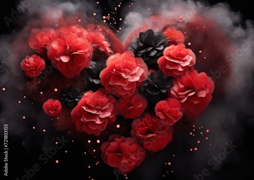 A heart composition with lush red blossoms and darkening smoke creating a moody setting