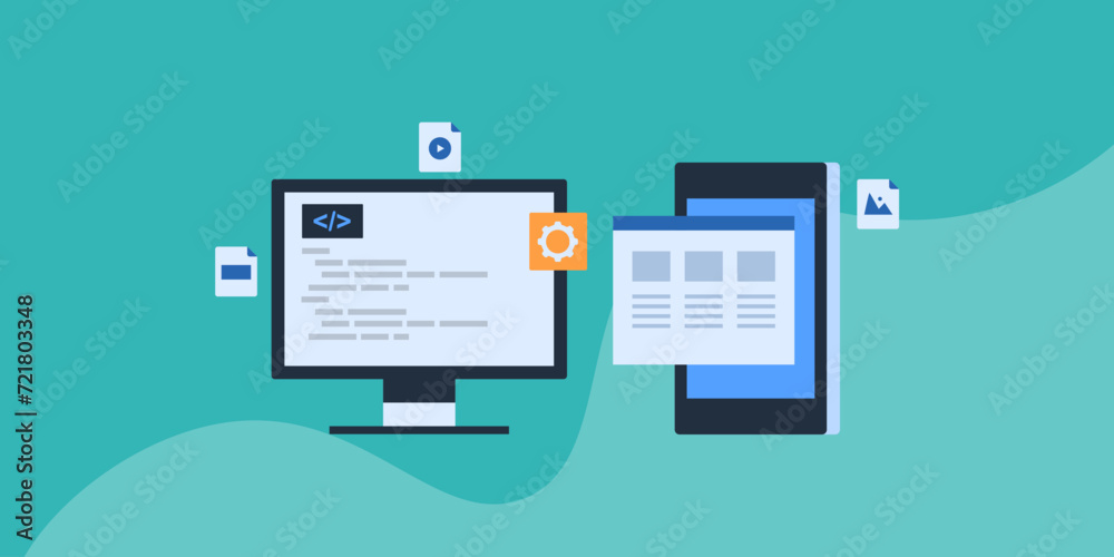 Mobile app testing, coding and programming on computer screen, software application development interface modern business technology conceptual vector illustration. Mobile app testing, coding and programming on computer screen, software application development interface modern business technology conceptual vector illustration.