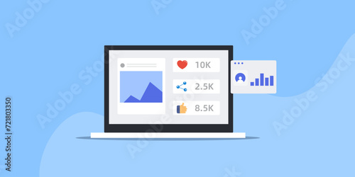 Social media post engagement analytics dashboard insights data, share, like and interaction metrics report vector illustration.