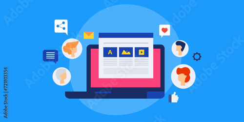Social media post, blog or website content publishing and sharing on internet, engaging online audience EBusiness strategy vector illustration.