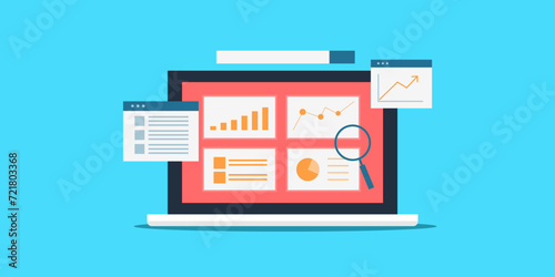 Digital analytics financial data business report growth optimization dashboard on laptop screen vector illustration. photo