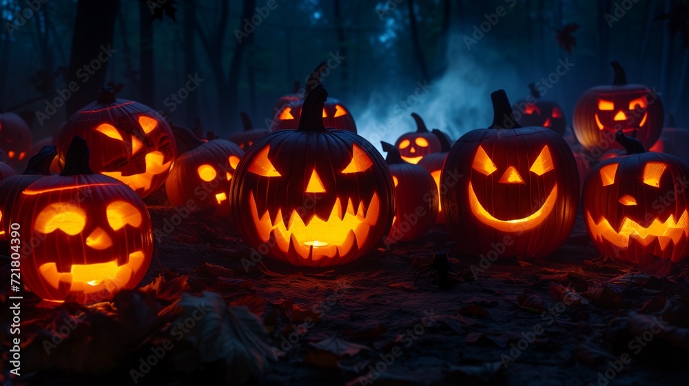 A haunting array of jack-o'-lanterns with sinister glowing faces set in a dark, foggy forest scene for a Halloween night.
A haunting array of jack-o'-lanterns with sinister glowing faces set in a dark, foggy forest scene for a Halloween night.