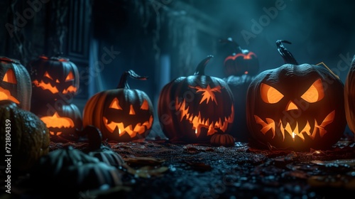 A haunting array of jack-o'-lanterns with sinister glowing faces set in a dark, foggy forest scene for a Halloween night. 