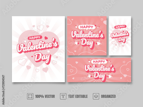 Happy Valentine   s Day Social Media Kit Design with Text Effect and Pink White Background.