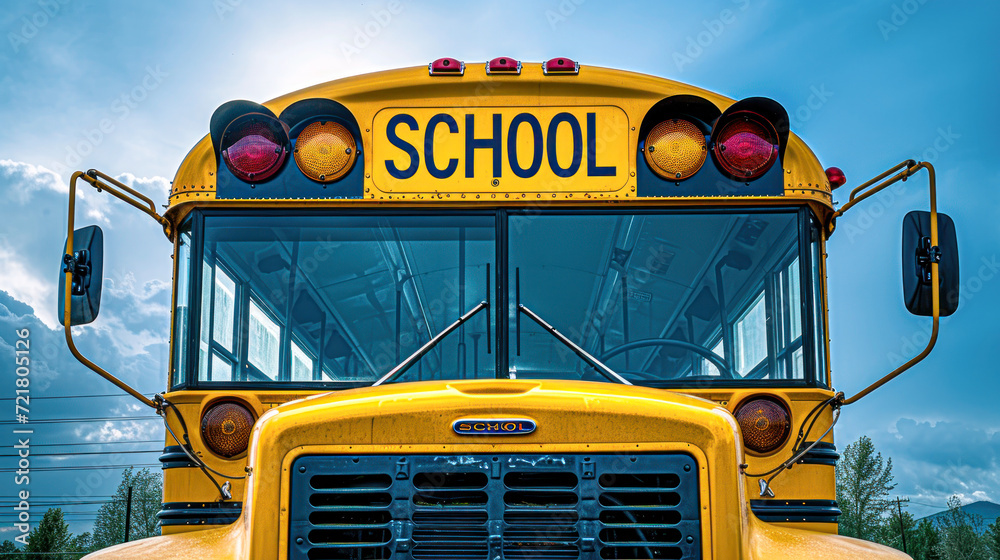 Front View of an Empty School Bus.Front view of a classic yellow school bus parked under a clear sky, the symbol of American education and student transport.