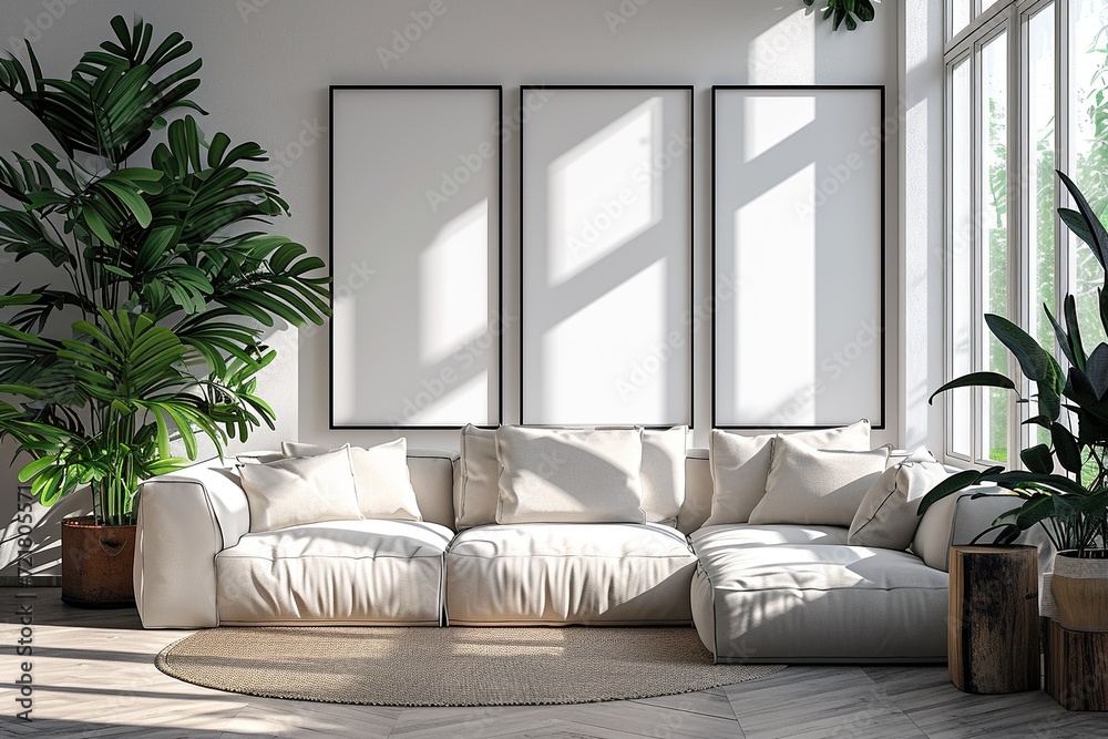 Blank horizontal poster frame mock up in minimal white style living room interior, modern living room interior background Blank horizontal poster frame mock up in minimal white style living room interior, modern living room interior background