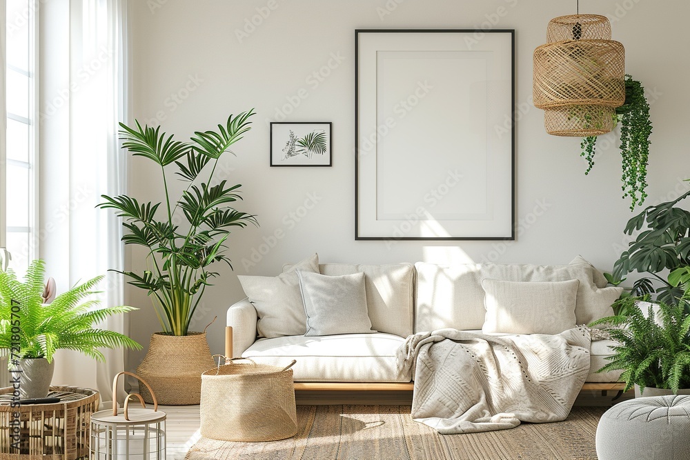 Fototapeta premium Blank horizontal poster frame mock up in minimal white style living room interior, modern living room interior background