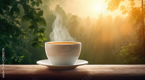 A coffee cup on a wooden table with the sun in the background. Generative AI.