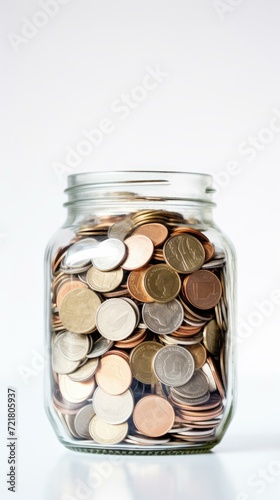 A glass jar filled with coins on a white background, perfect for finance, savings, and investment concepts. Generative AI.