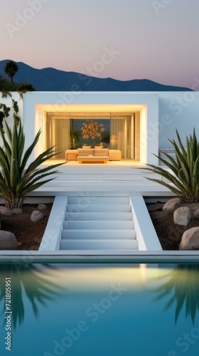 A minimalistic house with a stylish pool. Generative AI. © Natalia