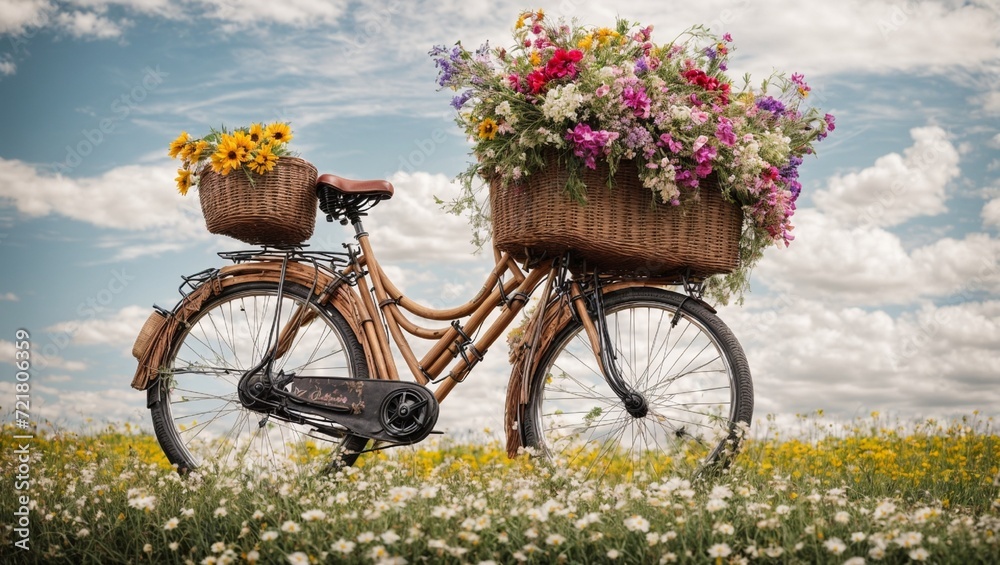 A bamboo bicycle amidst the clouds and spring flowers