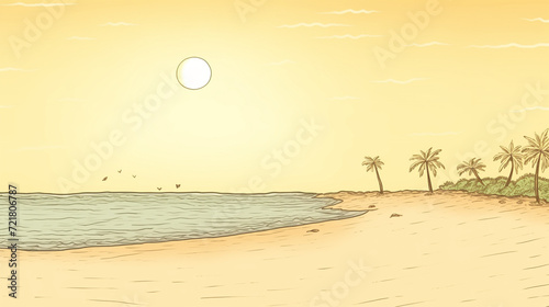 The sun glistens off the waves of a tropical sea, lapping gently at the shore of a sandy beach water color, cartoon, hand drawing, animation 3D, vibrant, minimalist style. ai gnerated. photo