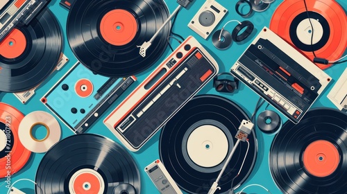 Digital vector collage of nostalgic technology, including vinyl records, cassette tapes, and modern smartphones, bridging generations