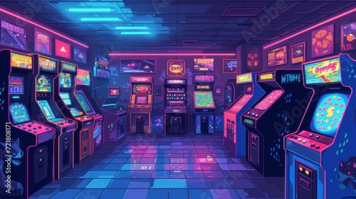 Vector depiction of a classic 90s arcade, with pixelated video game characters and neon-lit arcade machines photo