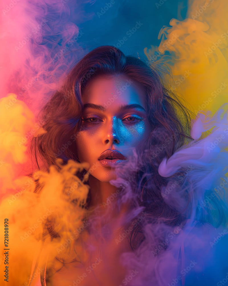 Portrait of a beautiful woman surrounded by colourful smoke