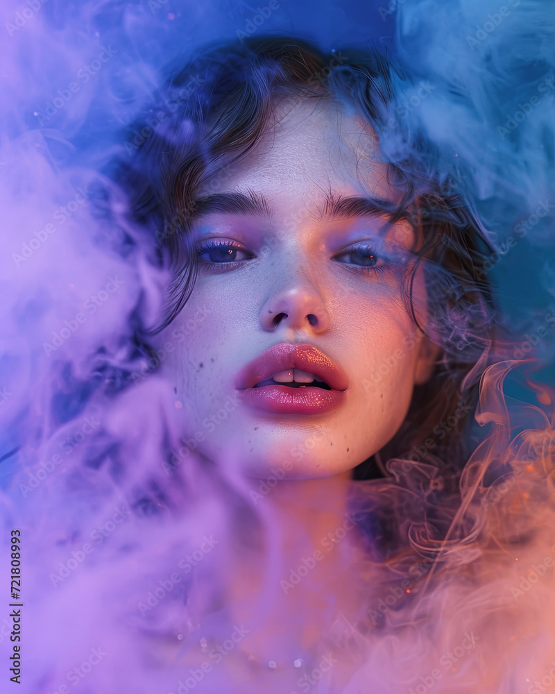 Portrait of a beautiful woman surrounded by colourful smoke
