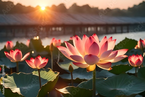 beautiful lotus flowers blooming at sunset