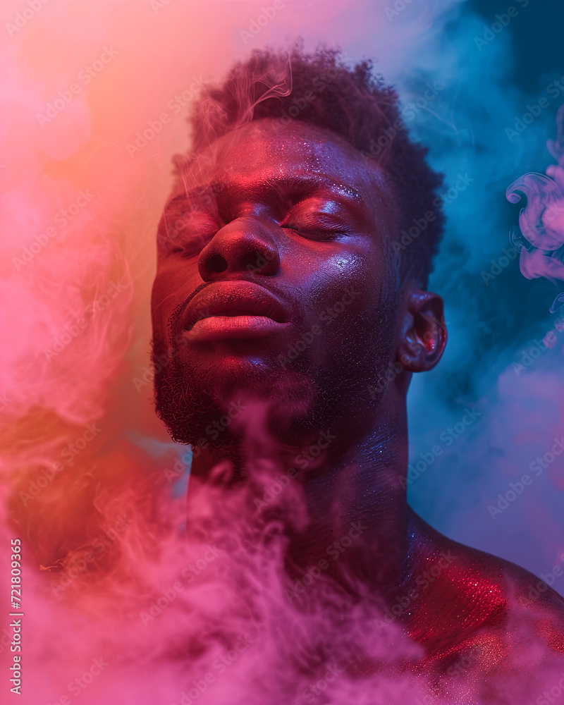 Portrait of a handsome American African man surrounded by colourful smoke