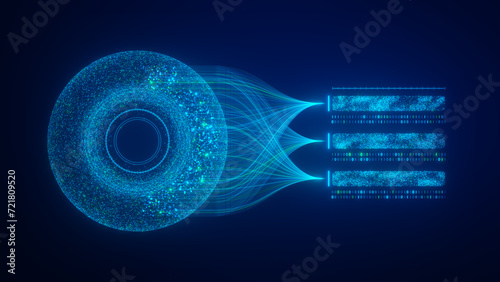 Big data analysis with AI technology. Machine learning and deep learning neural network, data science, data mining, business analytics, automation. Glowing particles abstract futuristic illustration.