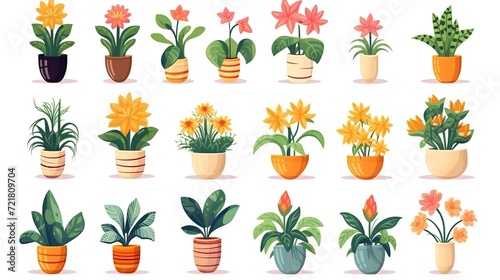 Set of potted flowers vector set in flat cartoon style ,generative ai