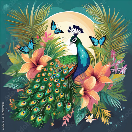 Ornamental beautiful textured peacock. Ethnic style colorful bright peacock bird. Vector ornate black background illustration with multicolor exotic royal peacock bird. Paisley style patterned tail