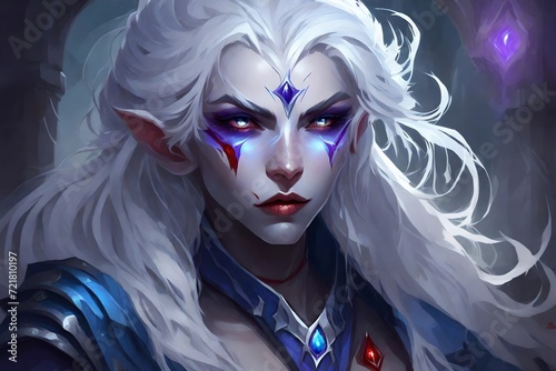 Female drow elf warlock with very blue skin and wavy white hair, one red eye and one purple eye, mean looking