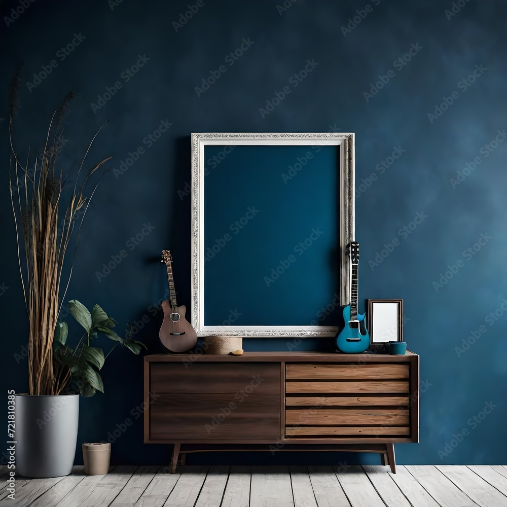 Mockup frame on cabinet in living room interior on empty dark wall ...