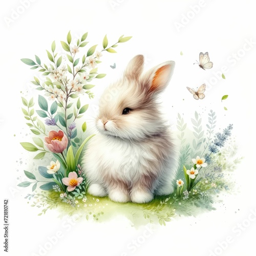 Bunny in a springtime garden with butterflies. watercolor illustration. Bunny in a springtime garden with butterflies. white background.