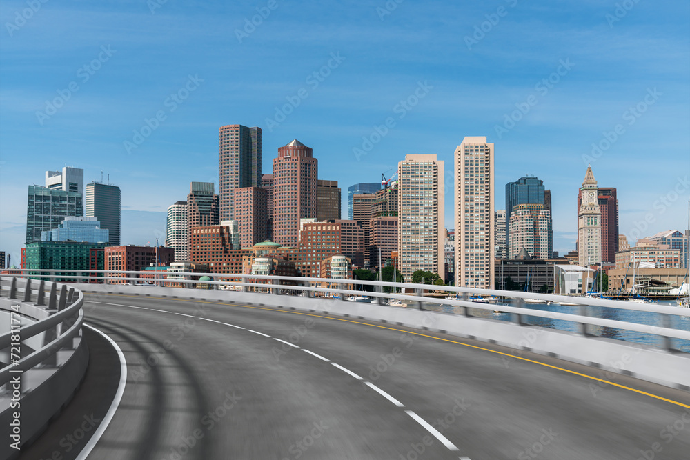 Empty urban asphalt road exterior with city buildings background. New modern highway concrete construction. Concept of way to success. Transportation logistic industry fast delivery. Boston. USA.