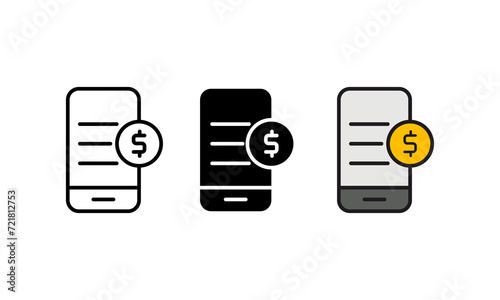 This is a vector illustration of a mobile phone icon with a dollar sign overlay, representing mobile billing, payments, or mobile commerce. The set features different styles including line art, solid 