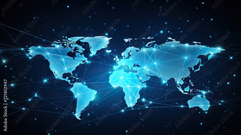 Obraz premium Global internet work.World map, shining lines connected by dots symbol of Internet,mobile communications and satellite. technology background