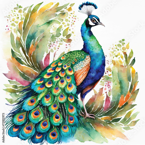 Ornamental beautiful textured peacock. Ethnic style colorful bright peacock bird. Vector ornate black background illustration with multicolor exotic royal peacock bird. Paisley style patterned tail photo