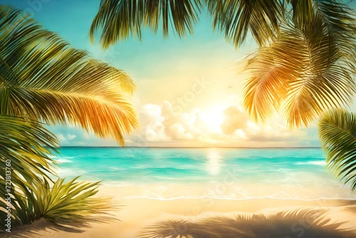 Sunny Tropical Beach With Palm Leaves And Paradise Island © Malik