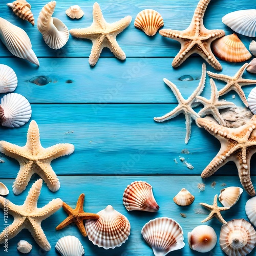 beach scene concept with sea shells and starfish on a blue wooden background
