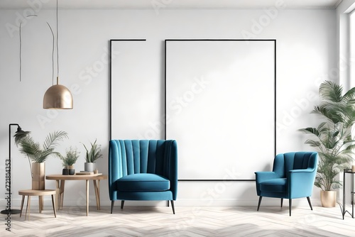 Poster mockup with vertical frame on empty white wall in living room interior with blue velvet armchair.3d rendering photo