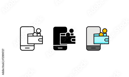 This set of icons depicts a digital wallet on a smartphone, representing mobile payments and online banking.