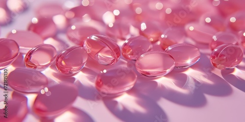 Pink capsules with gelatine/oil with Omega-3 fatty acids supplement.  photo