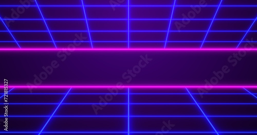 Dynamic Retro style 80s neon colored grid seamless bg. Sci-Fi movies like digital laser grid moving cyber background. Synthwave style glowing grids backdrop for techno nightclub, disco dance floor. photo