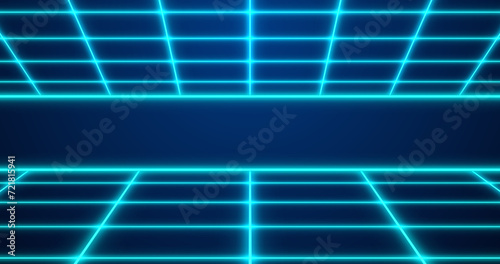 Dynamic Retro style 80s neon colored grid seamless bg. Sci-Fi movies like digital laser grid moving cyber background. Synthwave style glowing grids backdrop for techno nightclub  disco dance floor.