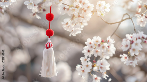 White and red double tassel hanging in a bloomed branch in the spring