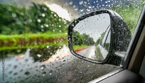 driving through the rain rain water on windscreen reflection in car mirror and water drops ion wet ground