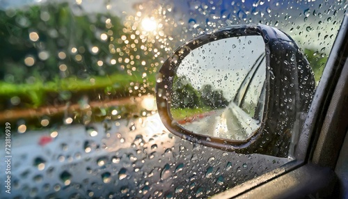 rain drops on window rain water on windscreen reflection in car mirror and water drops ion wet ground