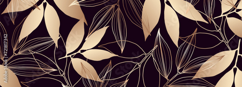 Luxury dark purple botanical design with golden branches and leaves. Botanical background, wallpaper, postcard, cover design