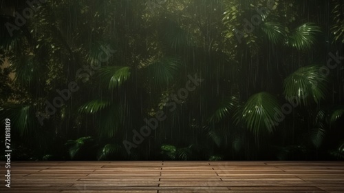 Dark tropical rainforest scene with a wooden floor  evoking mystery and nature.