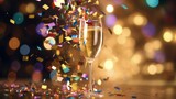 A festive champagne toast captured with sparkling confetti and warm bokeh lighting.